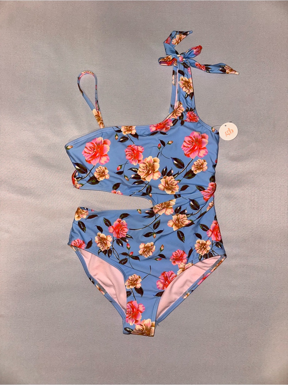 Girl’s Blue Floral One-Shoulder Cutout Swimsuit with Tie Strap